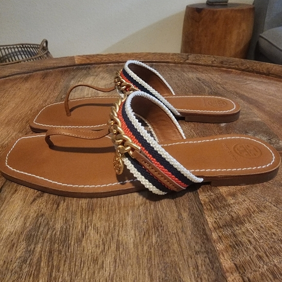 Tory Burch Striped Mini Benton Chain Band Thong Sandals Womens Sz 9 - Picture 6 of 12